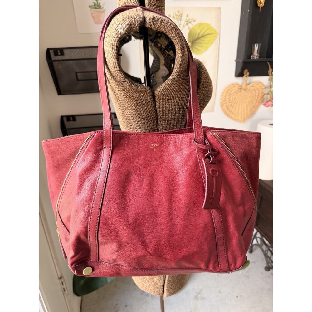 Fossil Gwen Shopper Expandable Red Leather Tote Bag